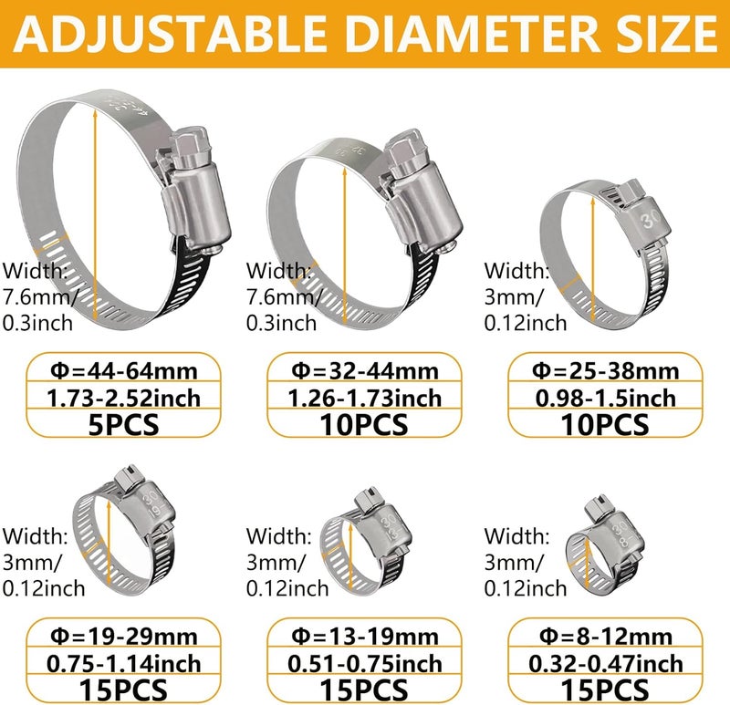 SmaringWing 70 Pack Stainless Steel Hose Clamp Adjustable Assortment Kit, 8-64mm Worm Gear Drive Hose Clamps Metal Fuel Line Pipe Clamps for Plumbing, Tube, Mechanical, Automotive, Garden and Home Applications - Image 5